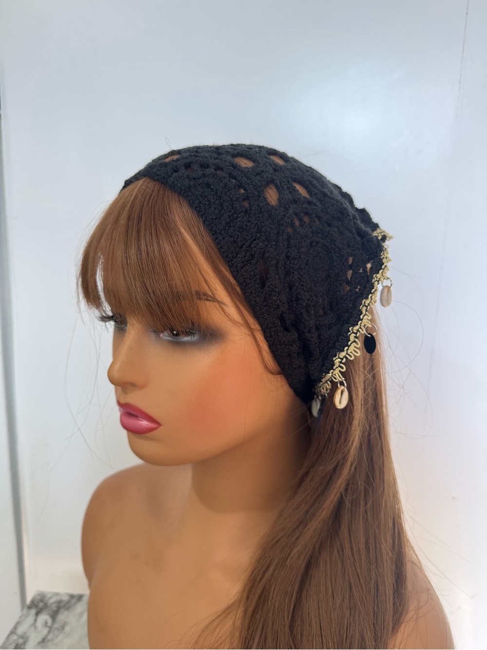 Boho Black Crochet Triangle Head Scarf Shell Charm Trim Beach Festival Bandana - Picture 9 of 9